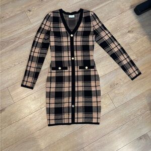 Always Plaid Long-Sleeve V-Neck Button Cardigan Dress in Beige and Black